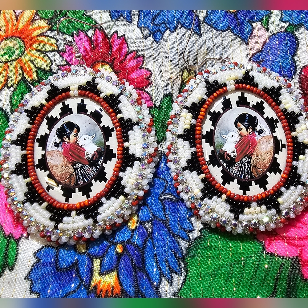 Powwow beaded Navajo Girl Earrings surrounded by Navajo basket design.